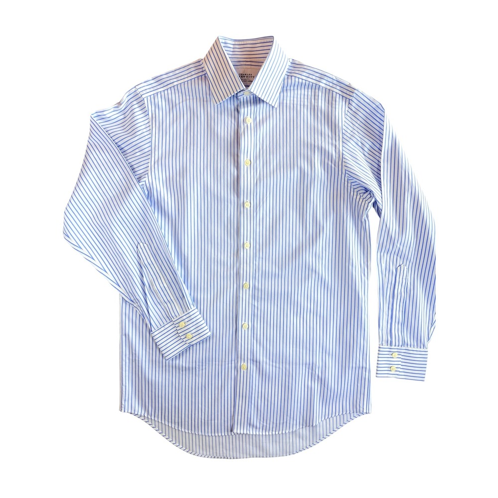 Charles Tyrwhitt Button Up Mens 15/34 Blue Striped Non-Iron Classic Fit Shirt